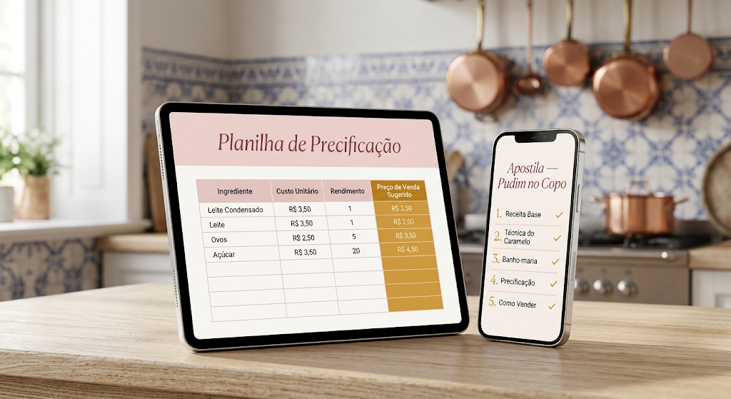 Mockup da planilha de precificação e apostila do curso em tablet e celular