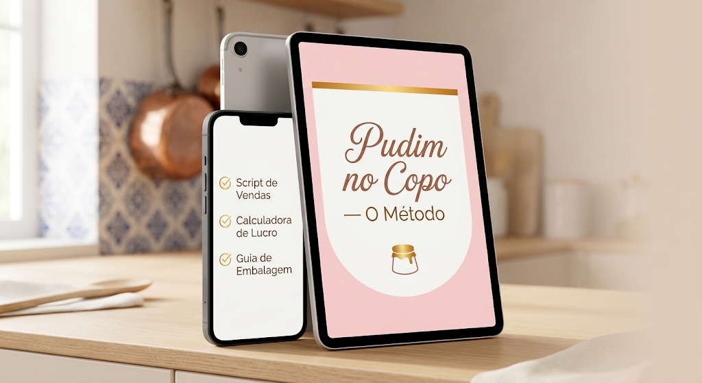 Mockup do curso Pudim no Copo — O Método em tablet e celular