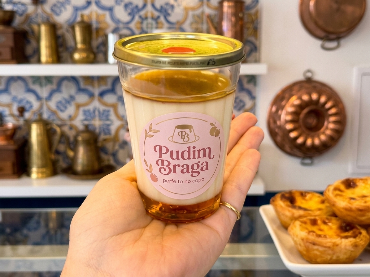 Pudim no copo com calda dourada, pronto para vender